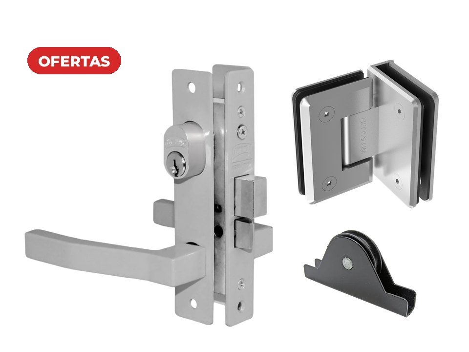Chapa doble manija, herraje vidrio a vidrio y carretilla en oferta